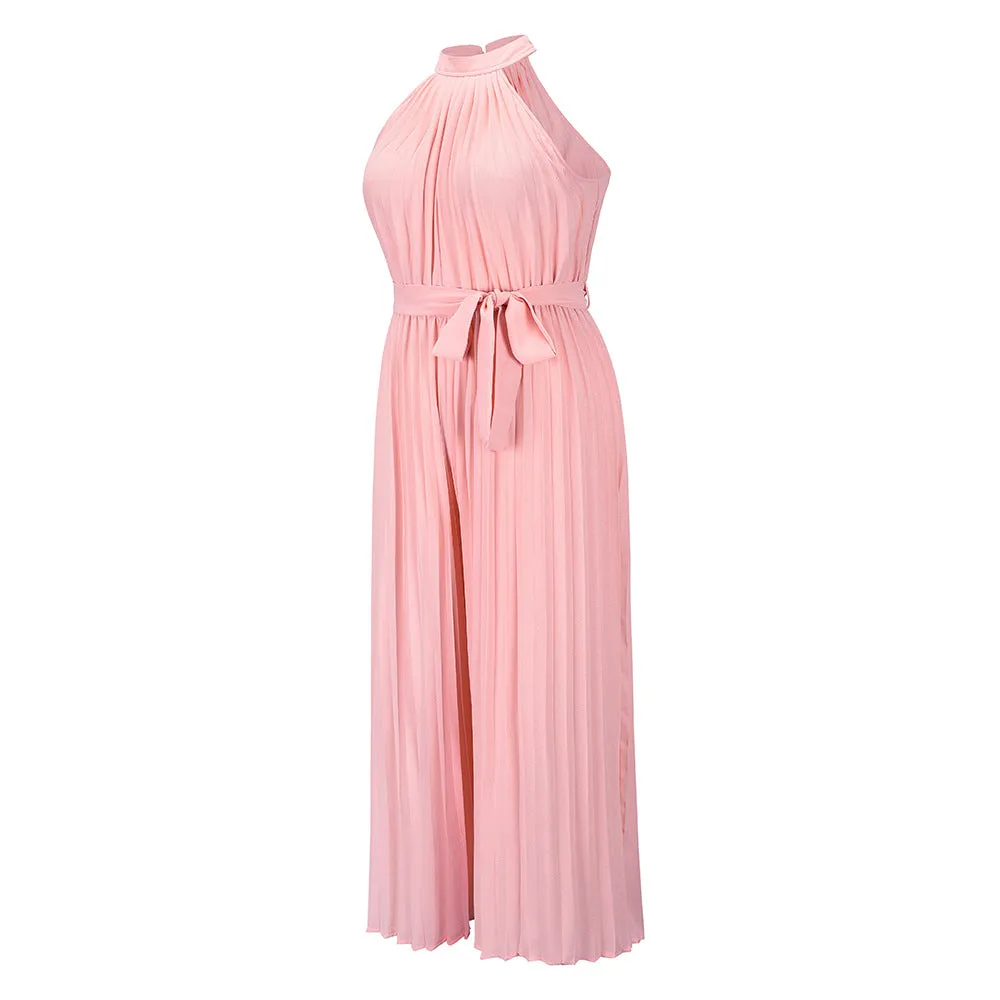 Halter Sleeveless Pleated Summer Belted Slim-fit Pleated Wide Jumpsuit