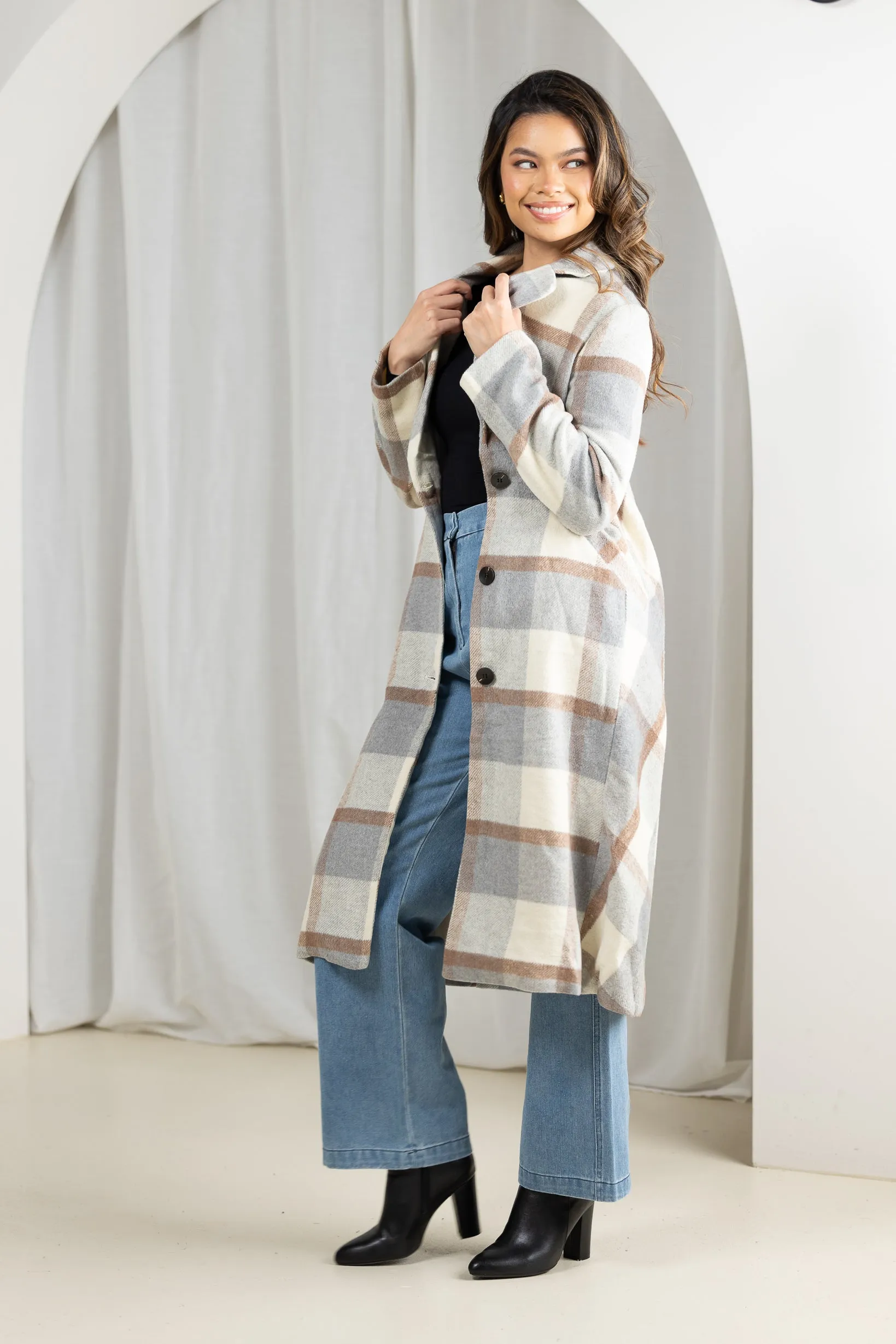 Long Checkered Fleece Coat