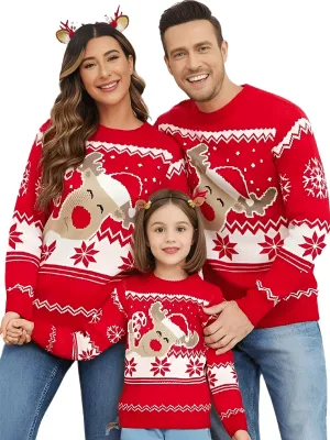 Matching Christmas Sweaters Family Adult Kids Cartoon Elk Print Round Neck Long Sleeve Pullover Winter Tops