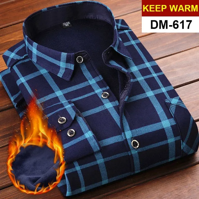 Mens Long Sleeve Plaid Warm Thick Fleece Lined Shirt