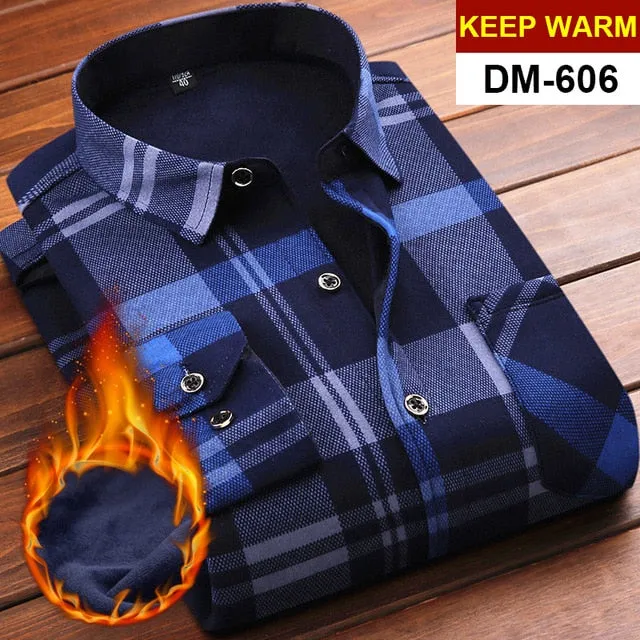 Mens Long Sleeve Plaid Warm Thick Fleece Lined Shirt