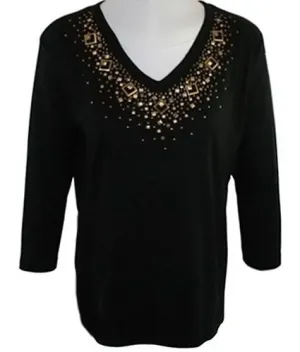 Morning Sun - Square Off Black Novelty Top with Applique Accents