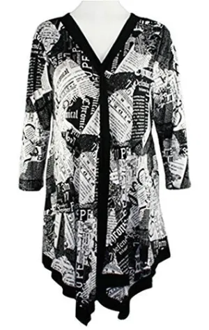 Pretty Woman Black & White Newsprint, V-Neck Tunic w/Trimmed Front, Neck & Hem