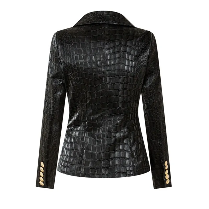 PU Crocodile Pattern Double Breasted Blazer