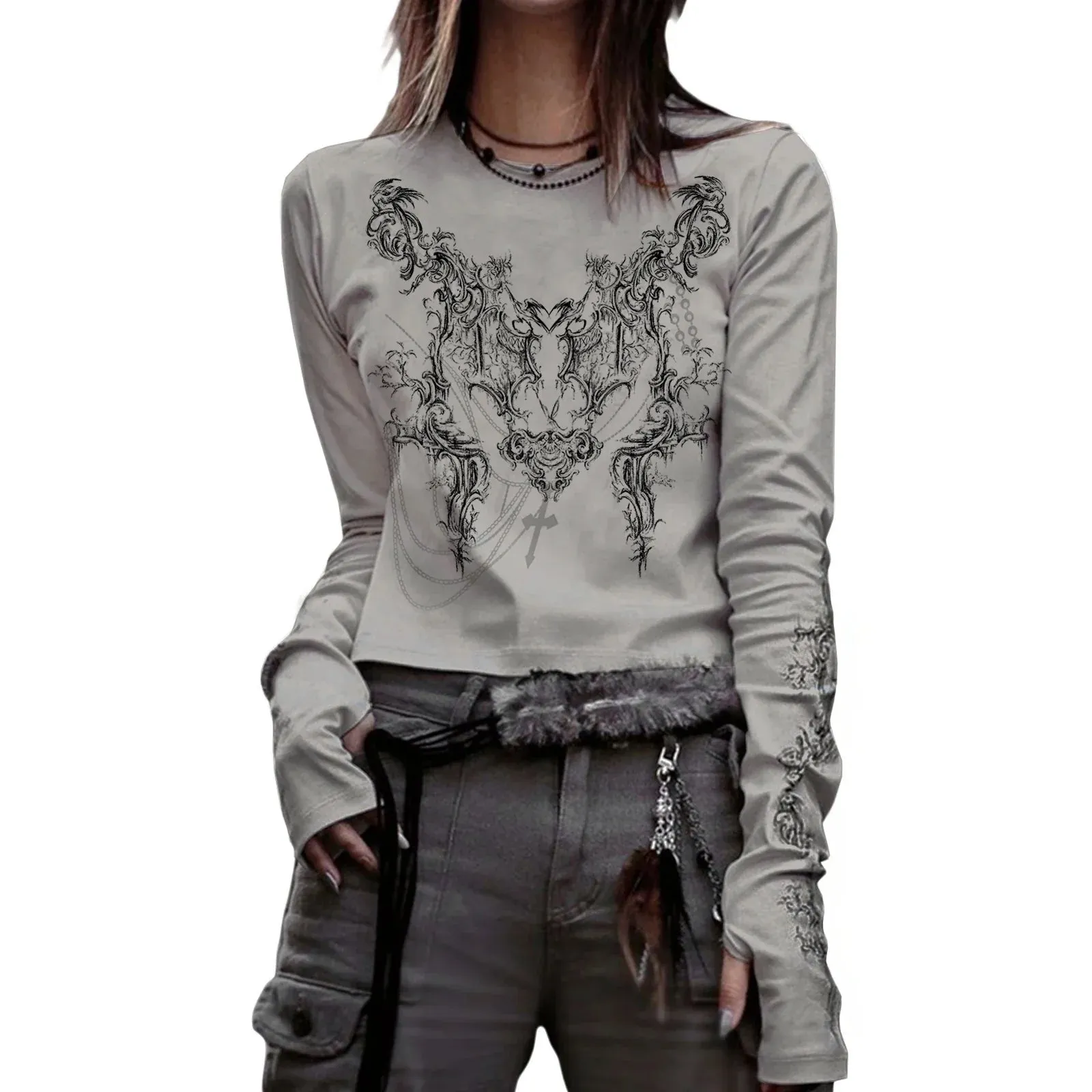 Round Neck Long Sleeve Vintage Totem Pattern Print Casual T-shirt