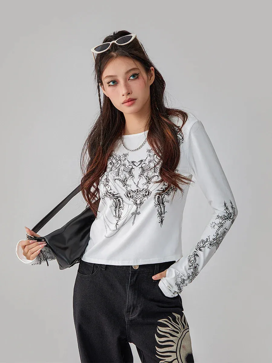 Round Neck Long Sleeve Vintage Totem Pattern Print Casual T-shirt