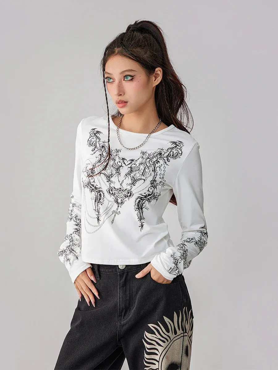 Round Neck Long Sleeve Vintage Totem Pattern Print Casual T-shirt