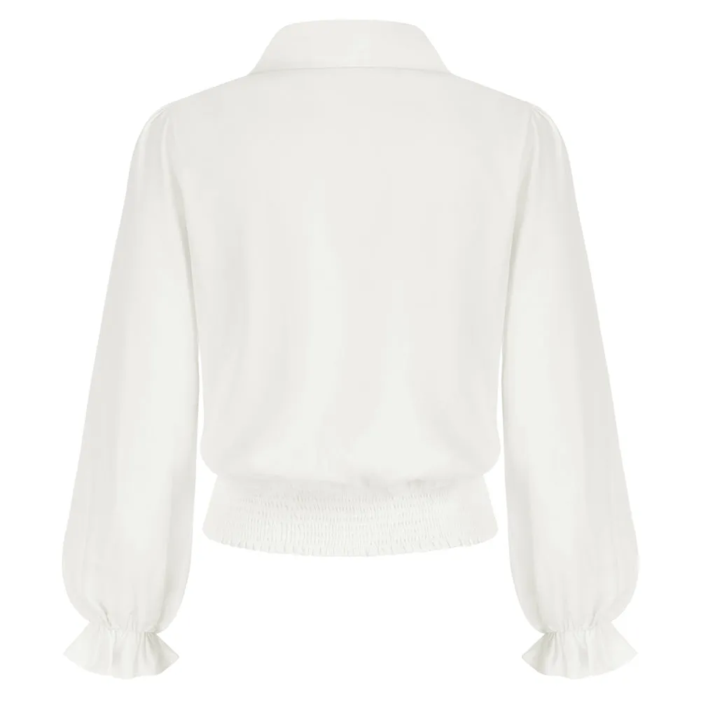 Seckill Offer⌛Notch Lapel Shirt Long Sleeve Smocked Hem Tie Decorated Pullover Tops