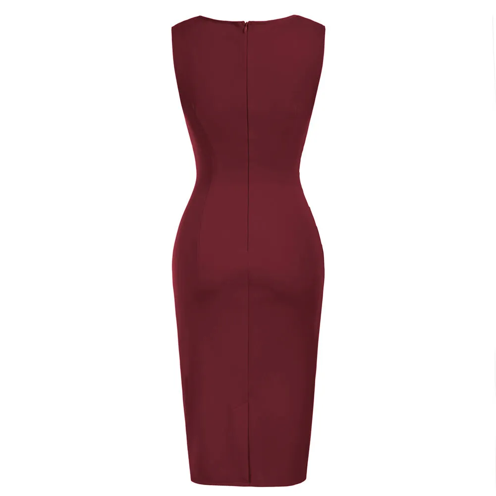 Seckill Offer⌛Vintage Ruched Bodycon Dress Sleeveless Surplice V-Neck Pencil Dress