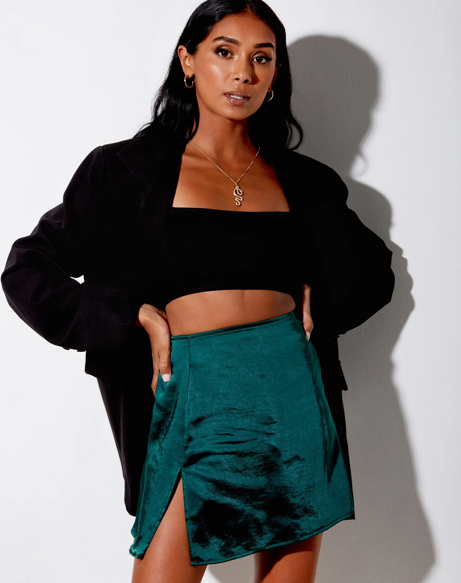 Shenka Mini Skirt in Satin Forest Green