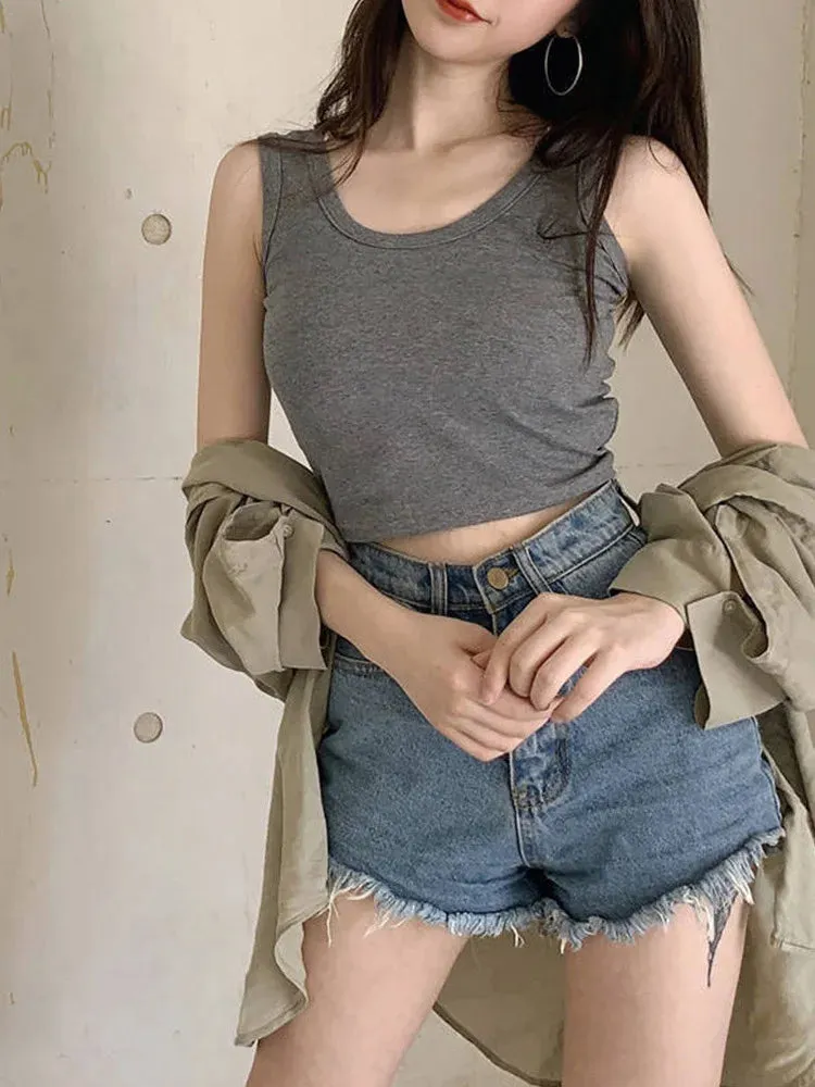 Sleeveless Camisole Crop Top Tight Short Sleeve Tee for Women