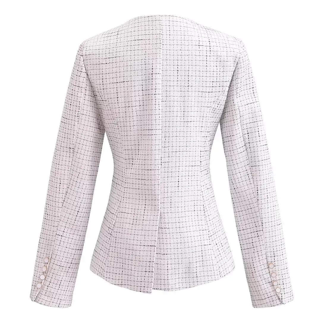 Spring V Collar White Plaid Woven Tweed Retro Slim Waist Single-Breasted Button Slit Blazer