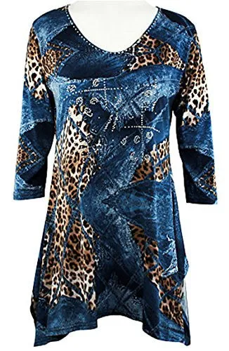 Valentina Signa - Denim Animal, 3/4 Sleeve Sharkbite Tunic Rhinestone Accents