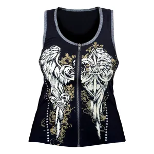 VB017 Fluer - Wings and Fluer De Lis Black Tank Topwith Zipper and Studs