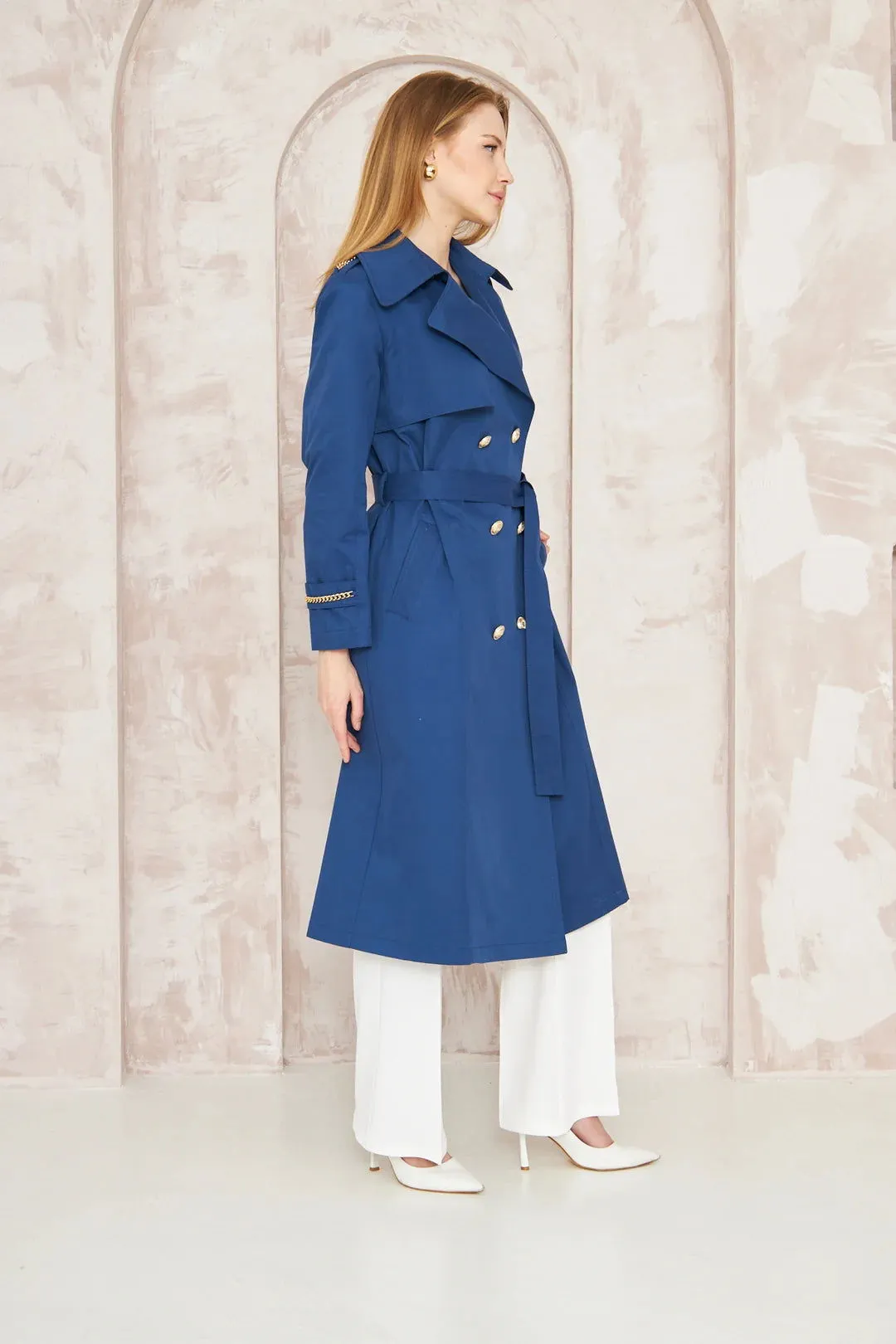 Women's Gold Button Chain Long Trench Coat Indigo - SCB-W12385